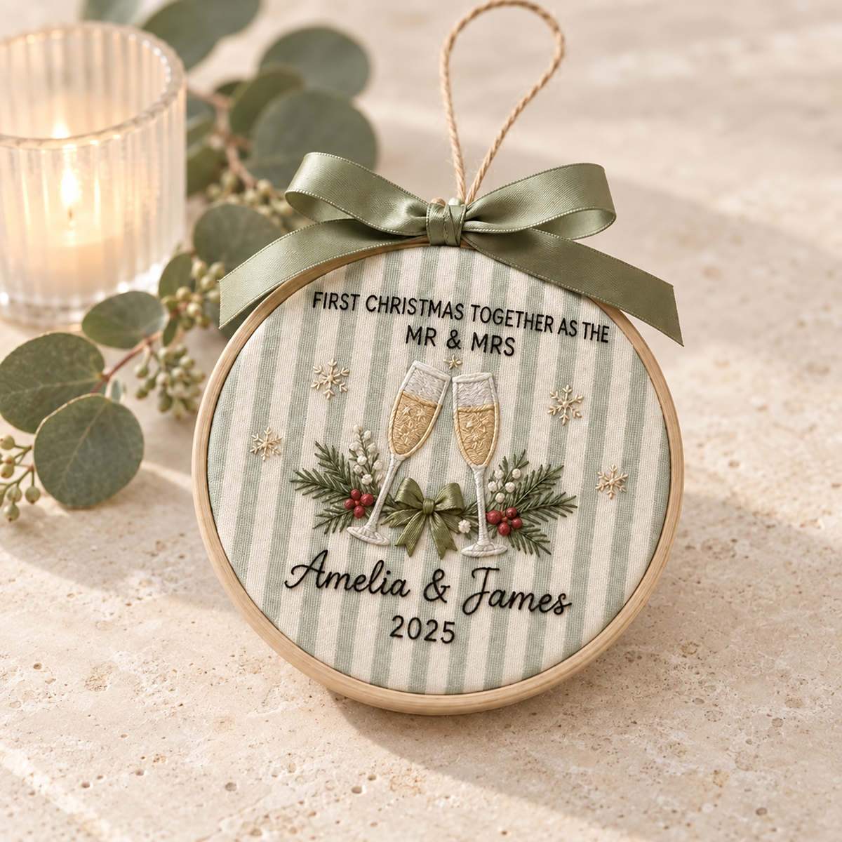 First Christmas Married Ornament, Personalized Embroidered Hoop Ornament, Custom Wedding Christmas Keepsake, Newlywed Gift Decor