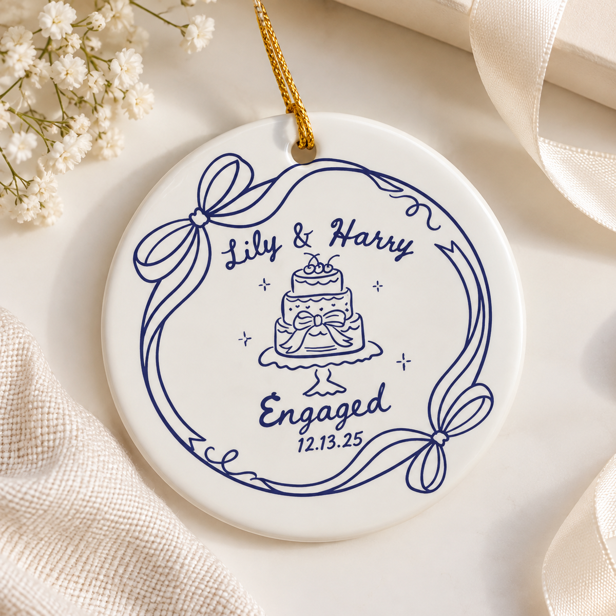 Personalized Engagement Ornament, Custom Couple Names & Date Ceramic Keepsake, Wedding & Newlywed Gift