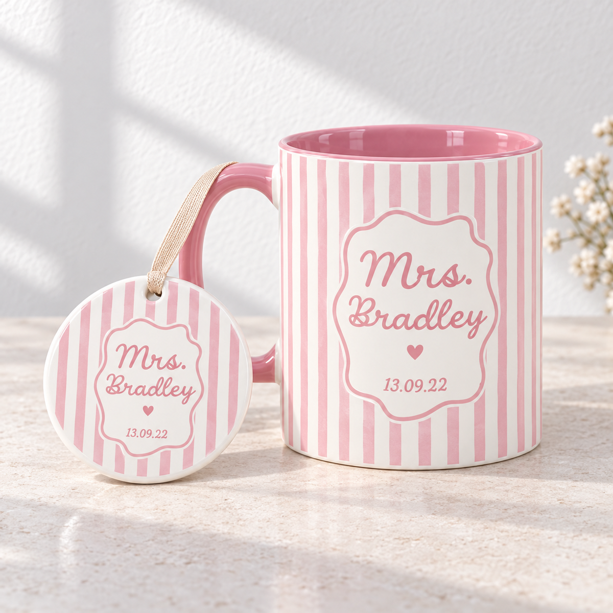 Personalized Mr Mrs Stripe Mug, Engagement Mug, Newly Engaged Gift, Bride Groom Mugs, Custom Wedding Mugs, Anniversary Gift, His Hers Mugs