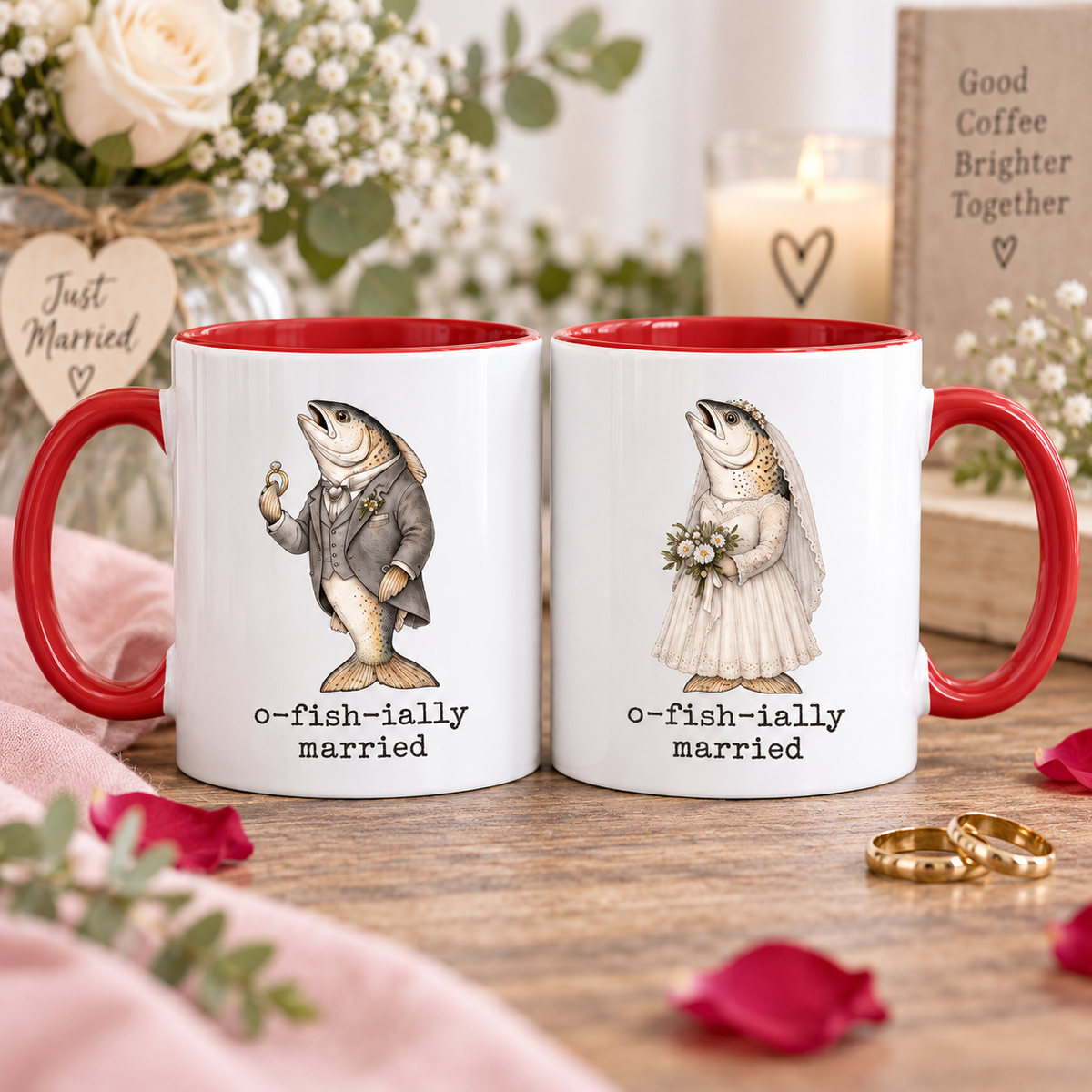 Funny Just Married Fish Mug, Newlywed Matching Couple Mug, Wedding Gift for Bride and Groom, Funny Honeymoon Couple Gift