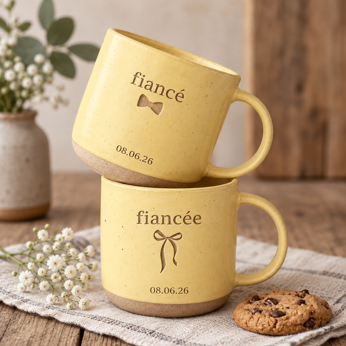 Personalized Fiancé Fiancée Pottery Mugs, Engagement Coffee Cup, Coquette Gift For Couple, Custom Wedding Date Mug, Future Mr And Mrs Gift