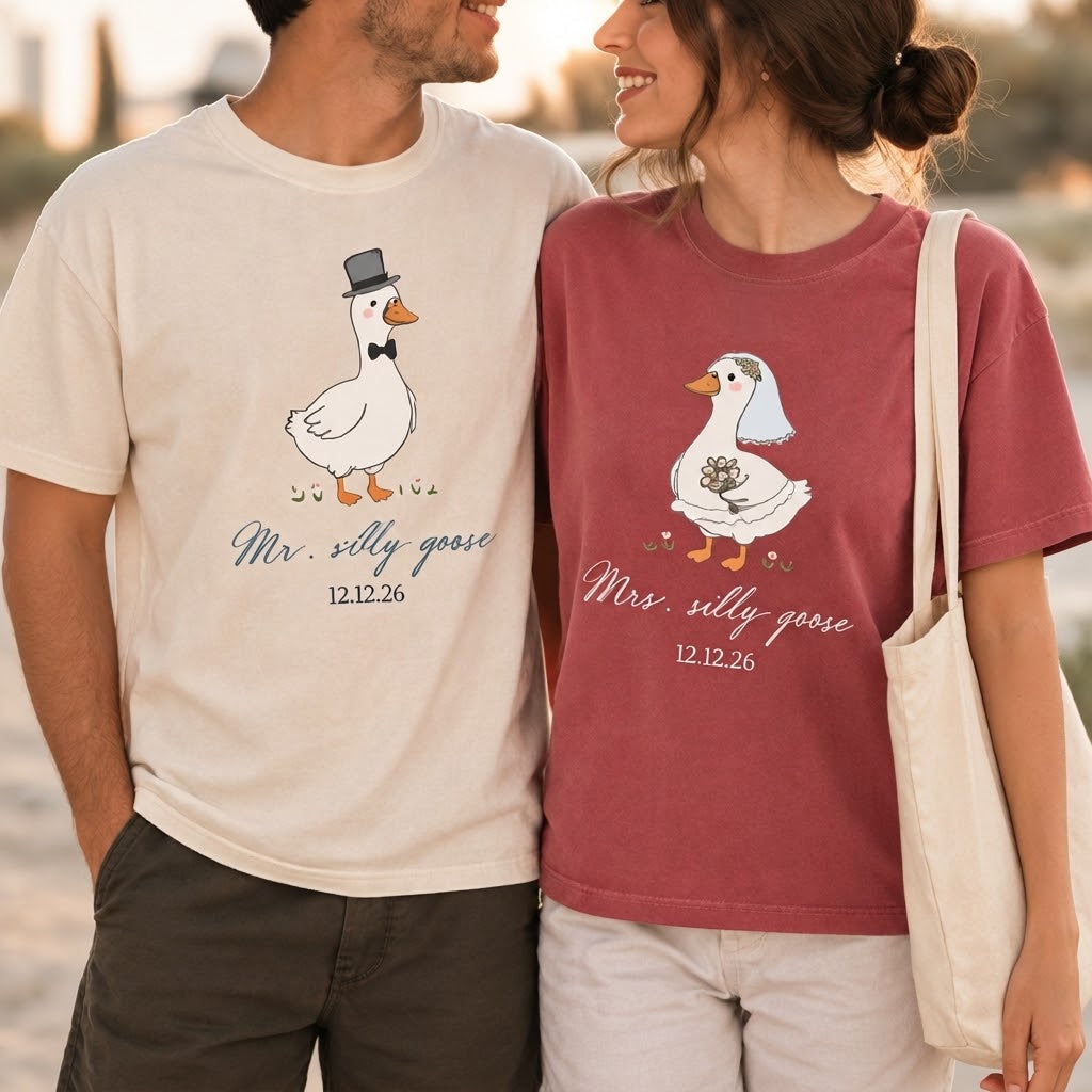 Matching Mr. & Mrs. Silly Goose Shirts, Bride and Groom Honeymoon Tees, Custom Date Wedding Gift