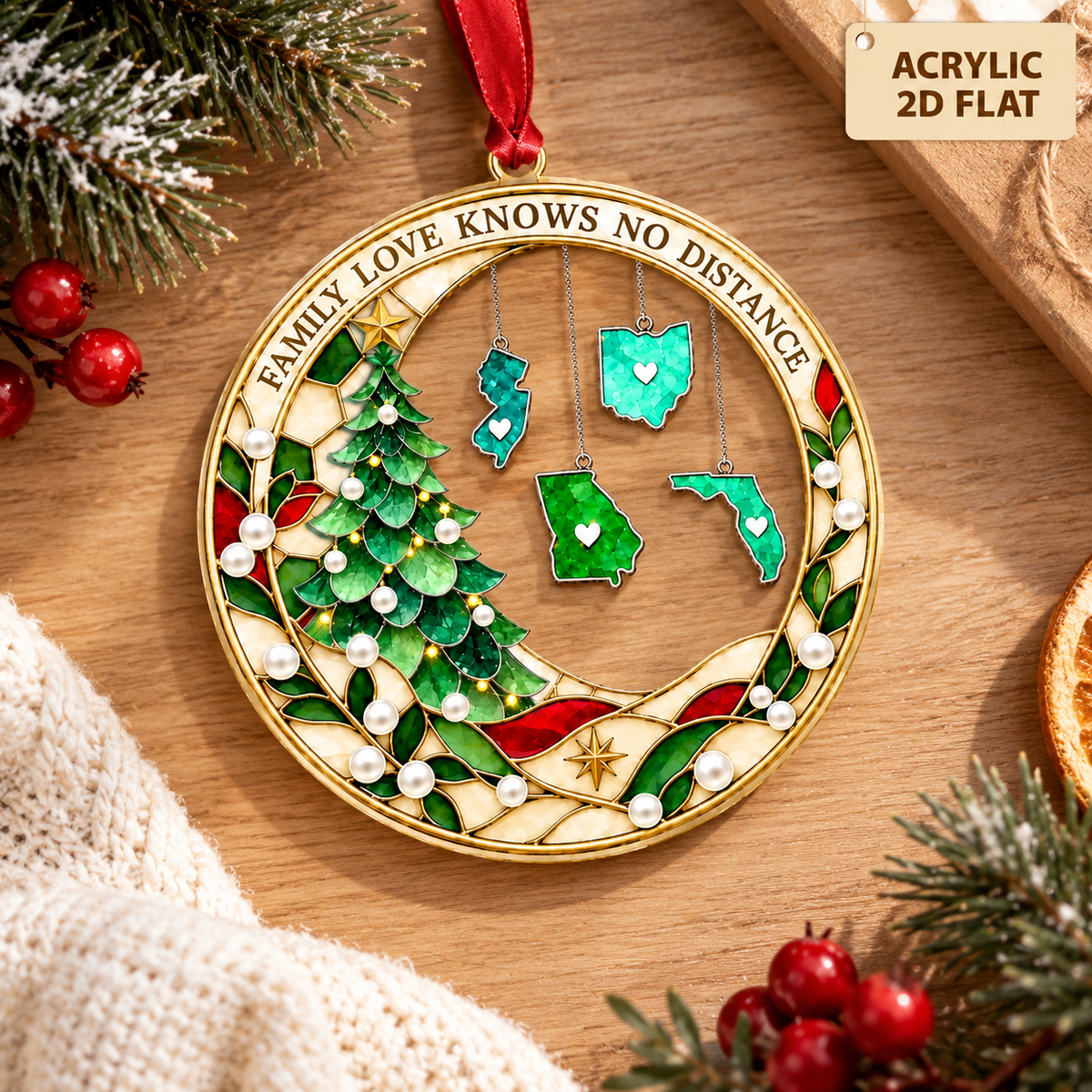 Personalized Family Love Knows No Distance Christmas Ornament, Custom State Hanging Keepsake