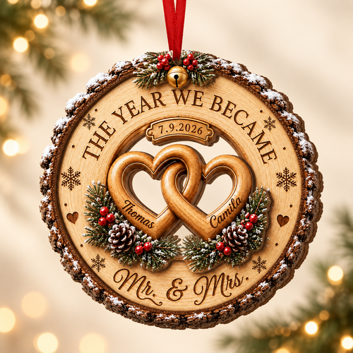 Custom Couple Wedding Anniversary 2Layer Wooden Ornament, First Christmas Wood Ornament, The Year We Became Mr Mrs Ornament, Wedding Gift