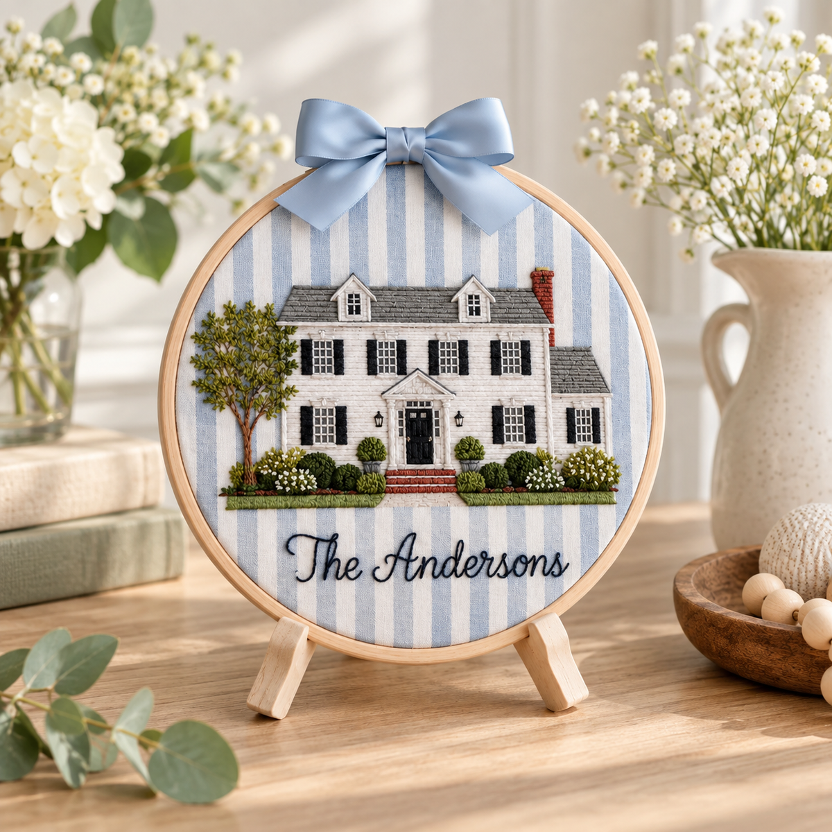 Personalized Family Home Embroidery Hoop, Custom House Portrait Wall Art, Cottage Floral Decor, Housewarming Gift with Pink Bow