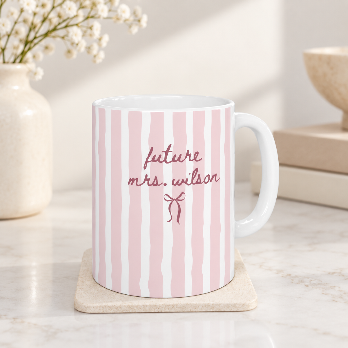 Personalized Striped Future Mrs Mug & Ornament – Custom Coffee Mug, Accent Mug, Bride-to-Be Engagement & Bridal Shower Gift