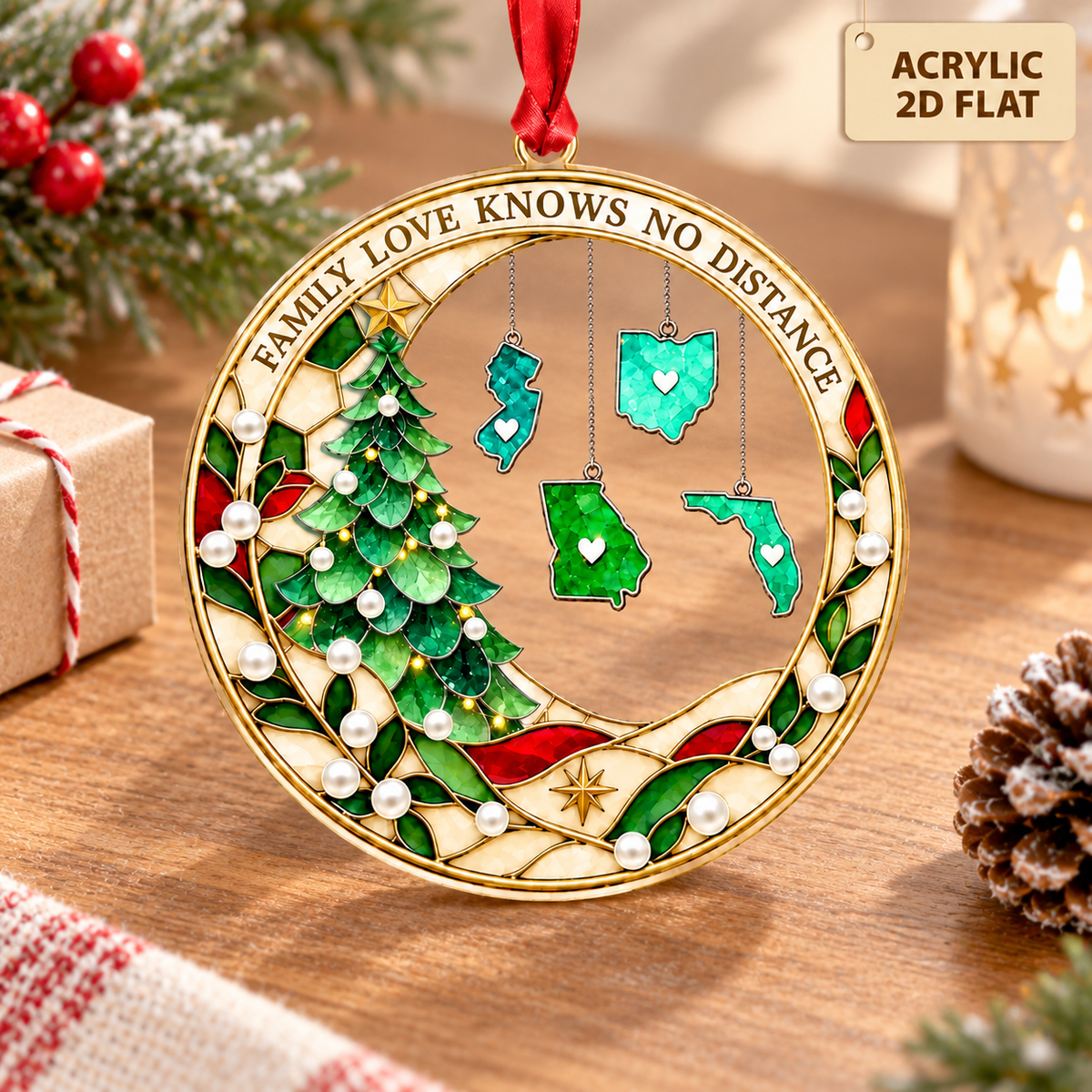Personalized Family Love Knows No Distance Christmas Ornament, Custom State Hanging Keepsake