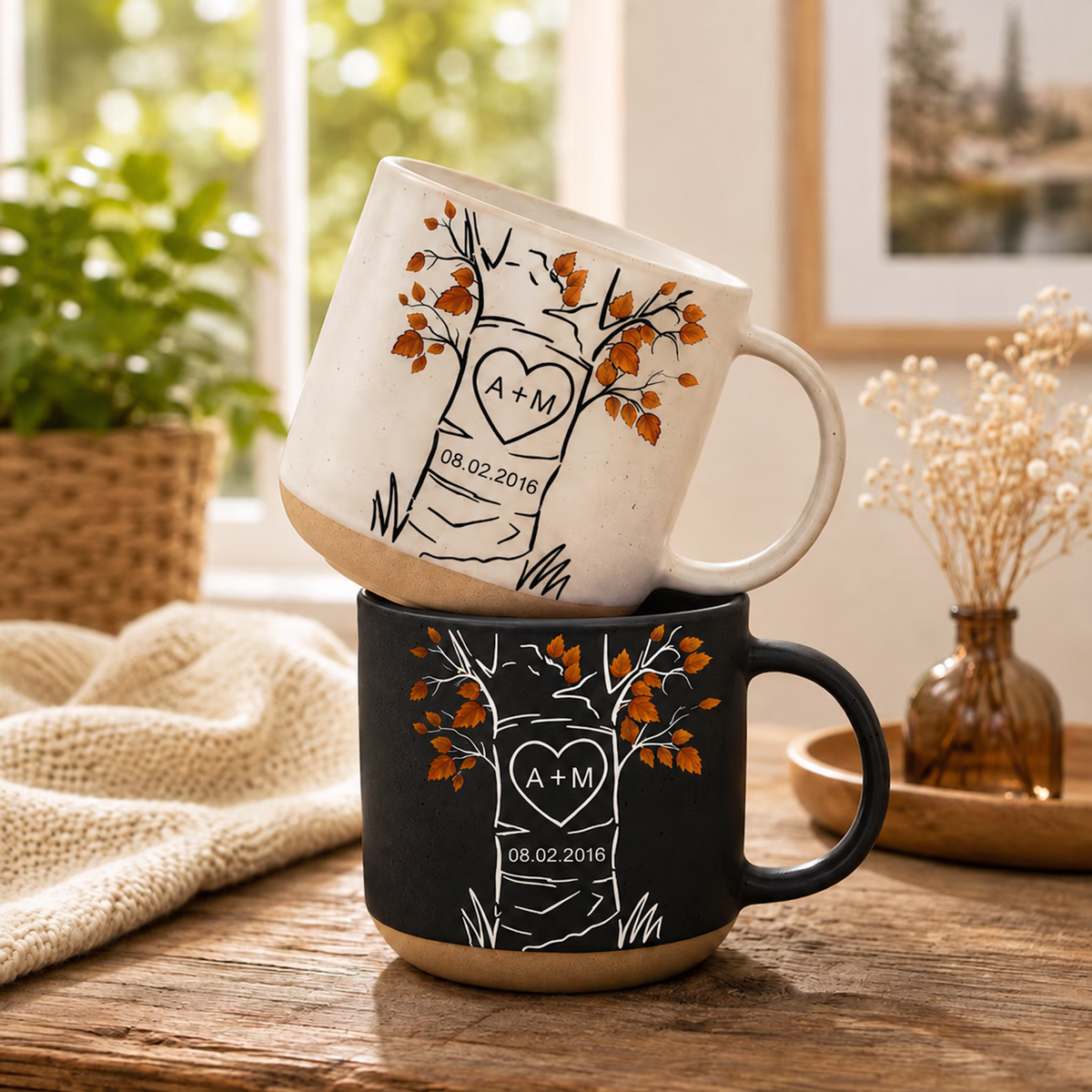 Personalized Carved Tree Pottery Mug, Custom Anniversary Coffee Cup, Couple Initials Mug, Wedding Date Keepsake