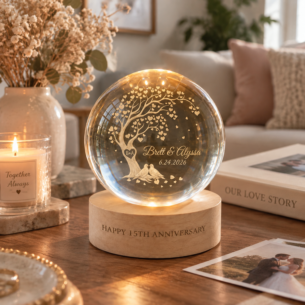 Personalized Couple Crystal Globe Everlasting Love Tree Heart Lamp, Custom Engagement Gift for Bride and Groom, Wedding Anniversary Gift
