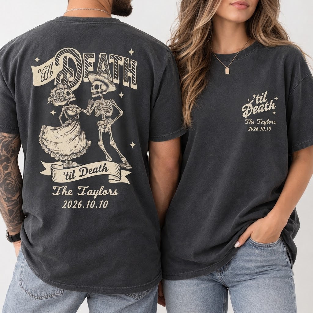 Personalized Til Death Double-Sided Wedding Shirts, Custom Couple Names & Date Comfort Colors Tees, Newlywed Matching Gift