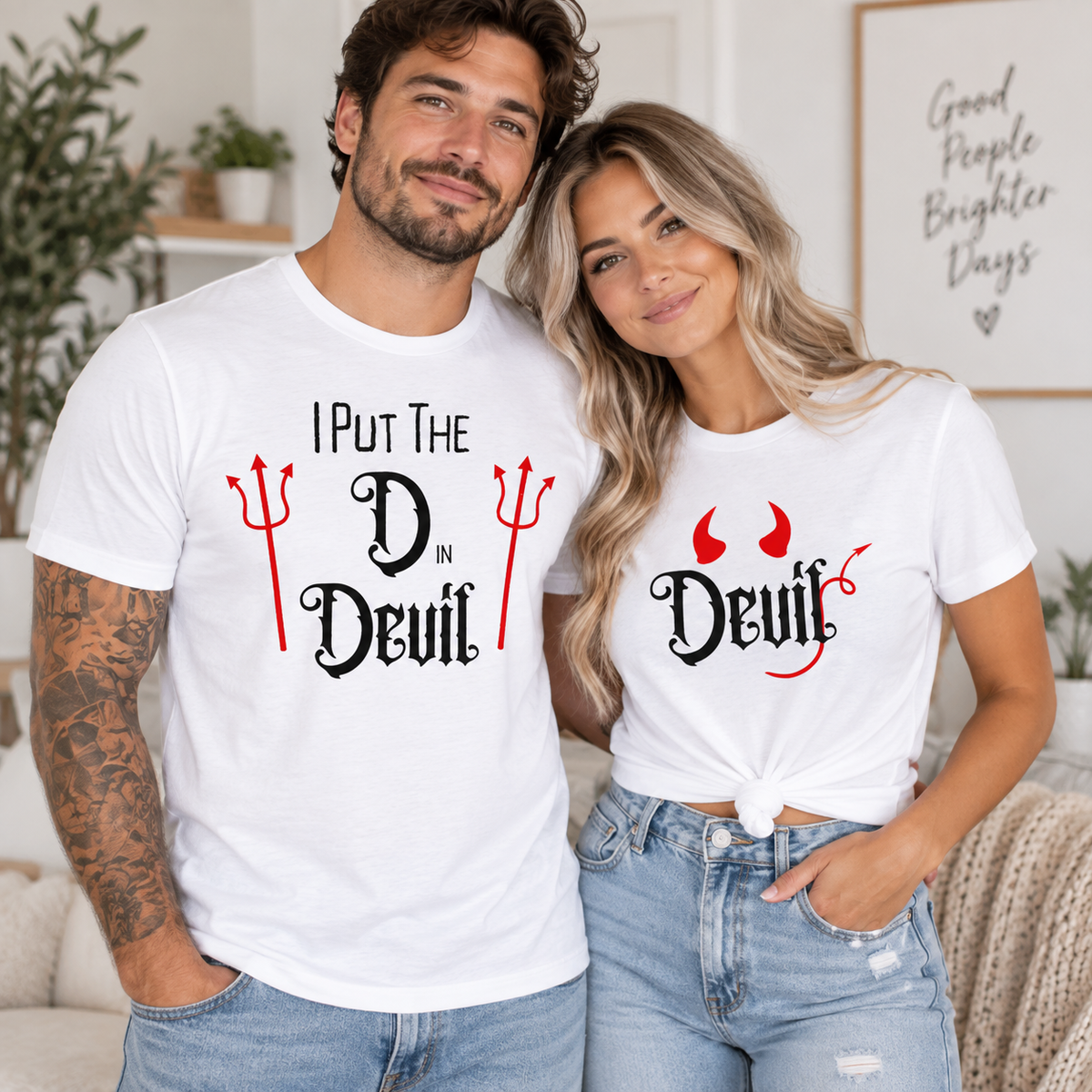 Funny Devil Couple Shirts for Halloween, Matching His and Hers Devil Tees, Spooky Couple Costume Shirtb