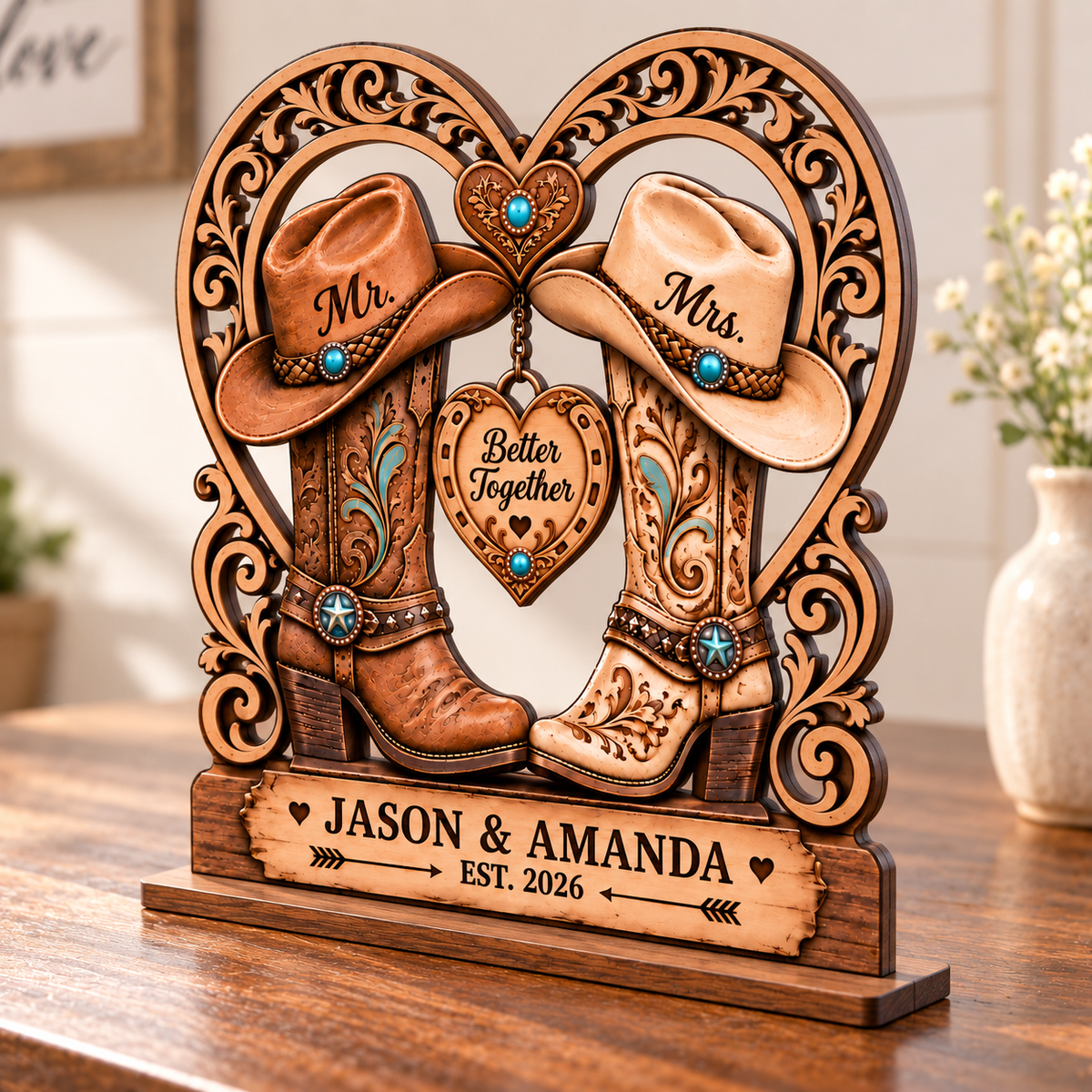 Personalized Western Cowboy Boots Wooden Plaque, Custom Mr & Mrs Wedding Keepsake, Engagement & Anniversary Gift for Couples