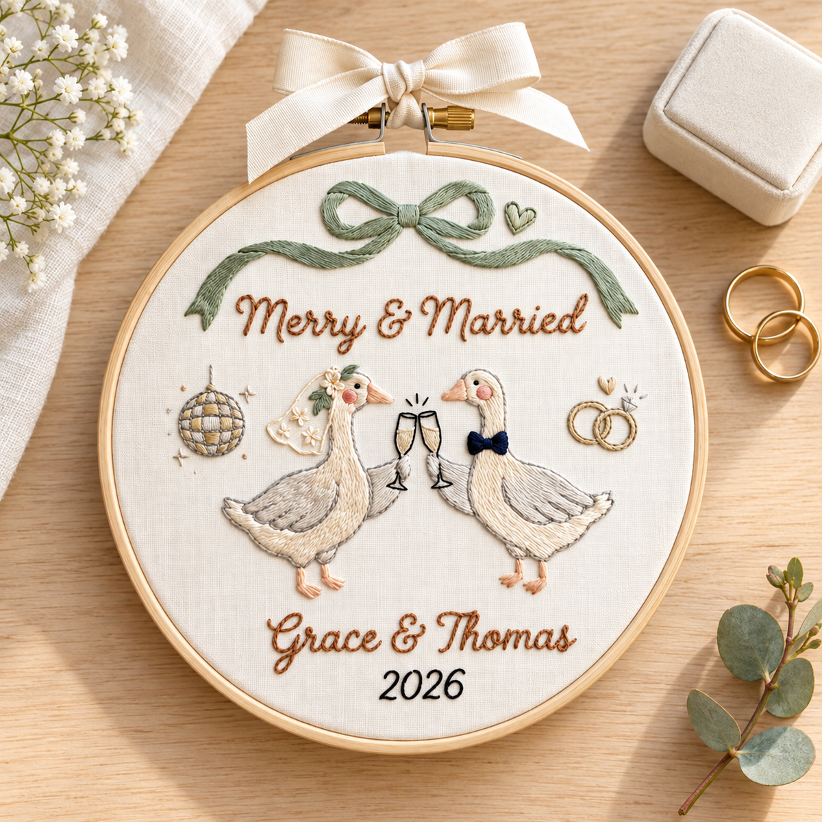 Personalized Merry & Married Goose Christmas Ornament, Custom Wedding Couple Embroidery Hoop