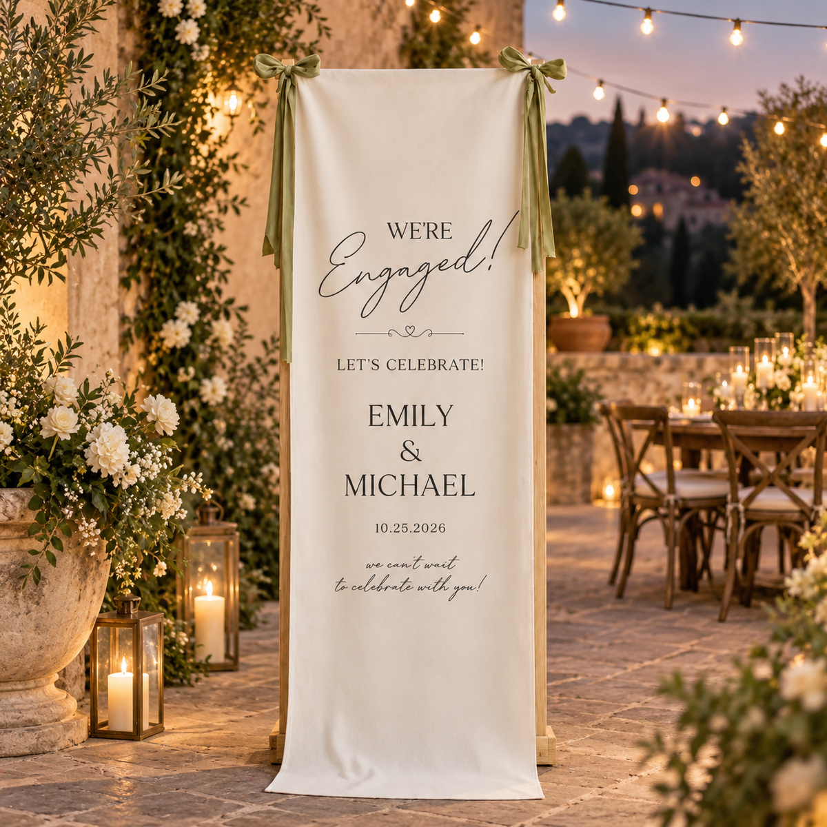 Personalized Linen Engagement Welcome Sign, Custom Couple Names & Date Engagement Party Banner, We’re Engaged Celebration Decor