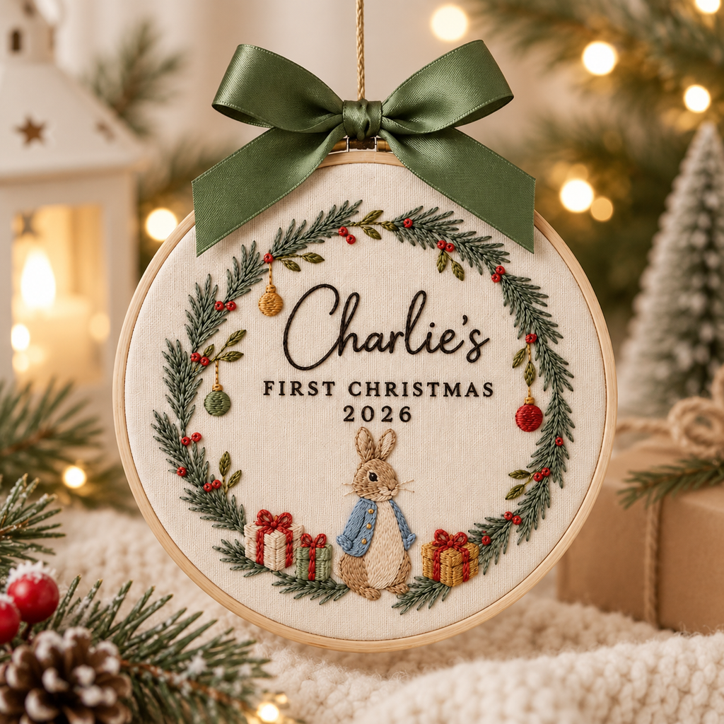 Personalized Bunny Wreath Christmas Ornament, Embroidered Baby First Christmas Name Hoop, Baby 1st Christmas Ornament, Baby Shower Gift
