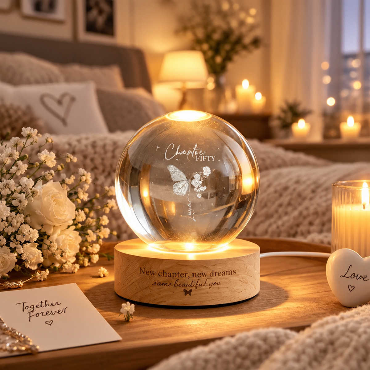 Personalized Chapter Birthday Crystal Ball Lamp,Custom Birth Flower Night Light,30th Birthday Keepsake,Chapter 50 Gift for Women/Mom