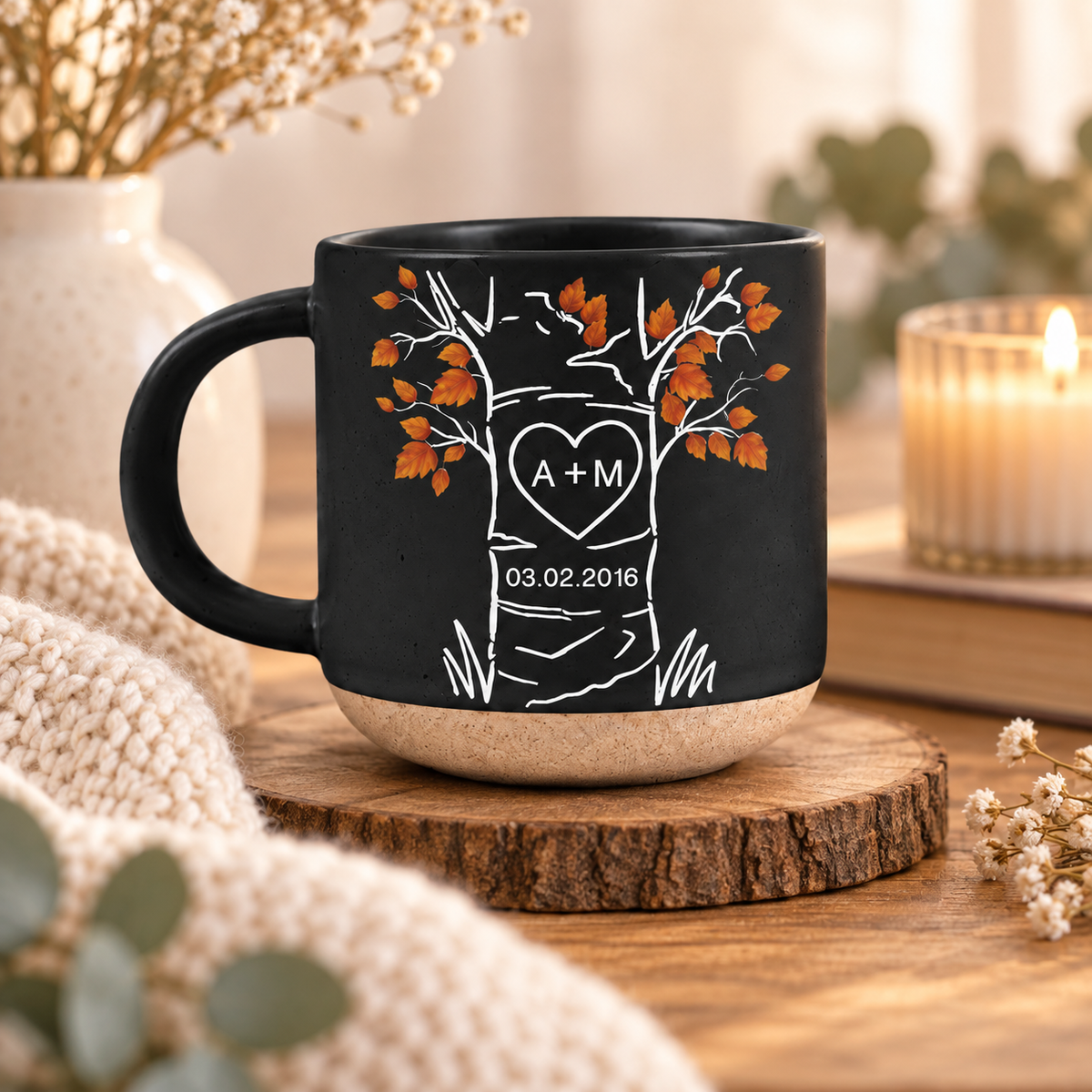 Personalized Carved Tree Pottery Mug, Custom Anniversary Coffee Cup, Couple Initials Mug, Wedding Date Keepsake