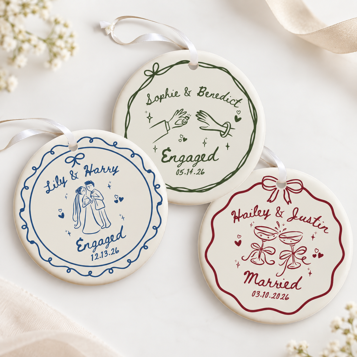 Personalized Engagement Ornament, Custom Couple Names & Date Ceramic Keepsake, Wedding & Newlywed Gift