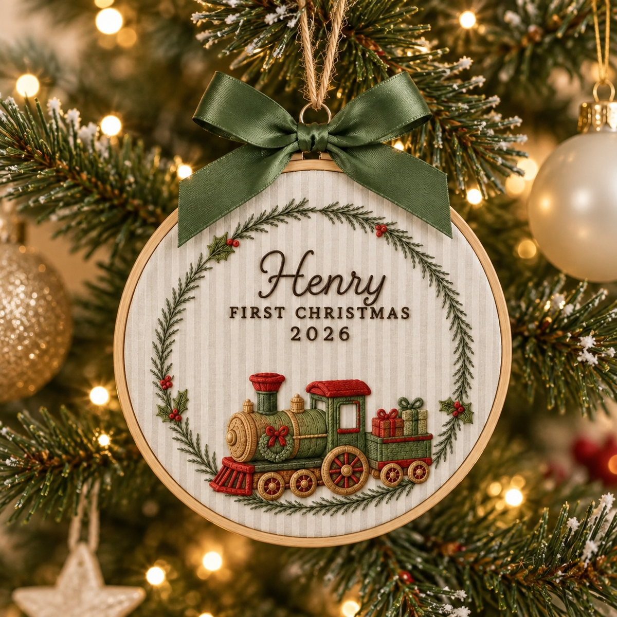 Personalized Train Wreath Ornament, Embroidered Train Baby First Christmas Name Hoop, Baby 1st Christmas Ornament, Baby Shower Gift