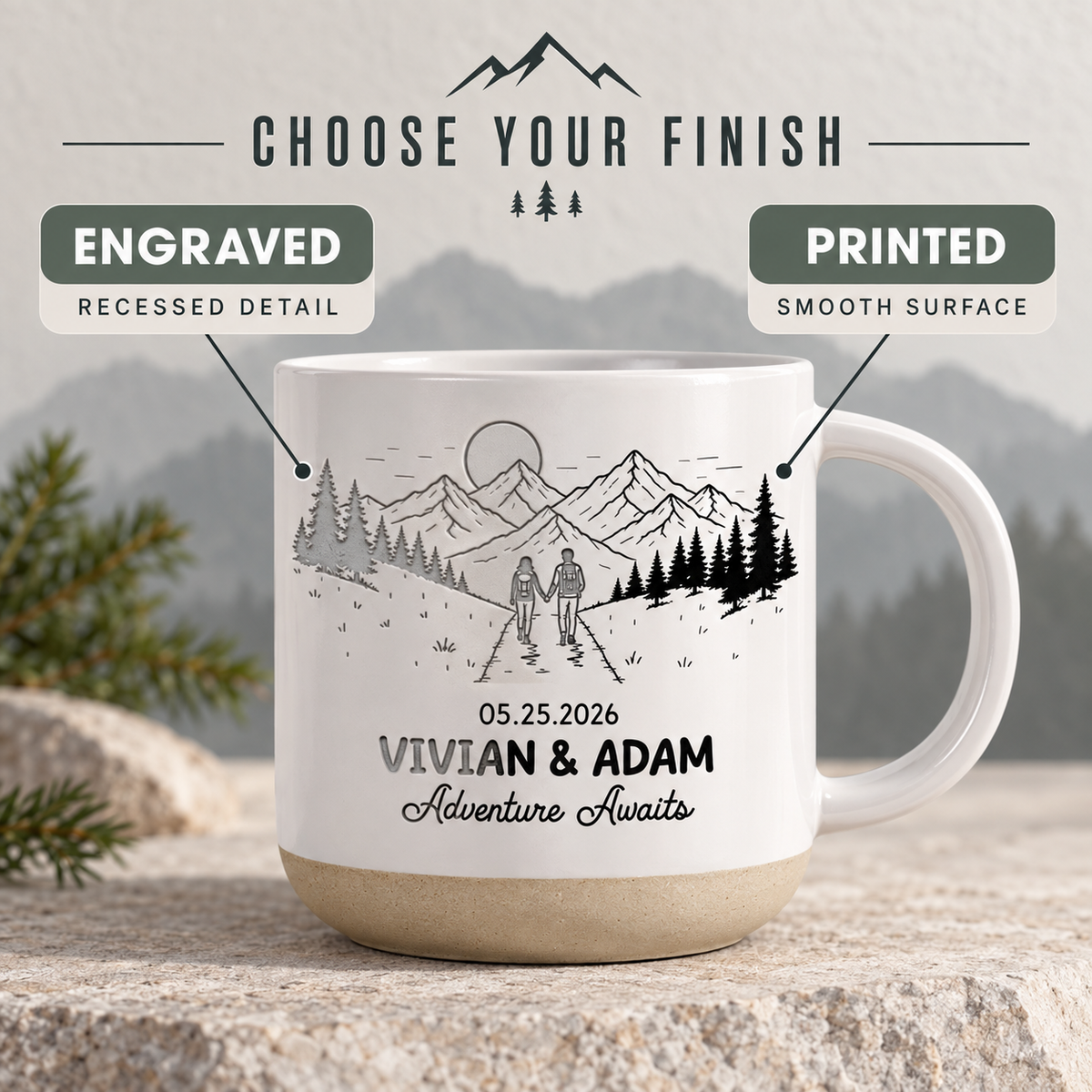 Personalized Engraved Bride & Groom Mountain Romantic Pottery Mug, Newlywed Anniversary Present for Outdoorsy Couple, Unique Engagement Gift