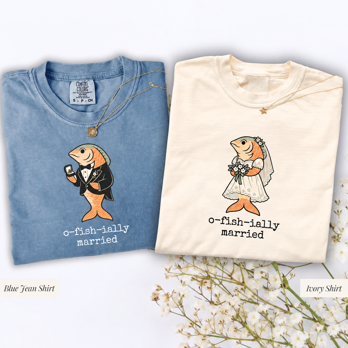 Comfort Colors O-Fish-Ially Married & O-Fish-Iant Shirts, Funny Fishing Wedding Tees for Bride, Groom and Officiant