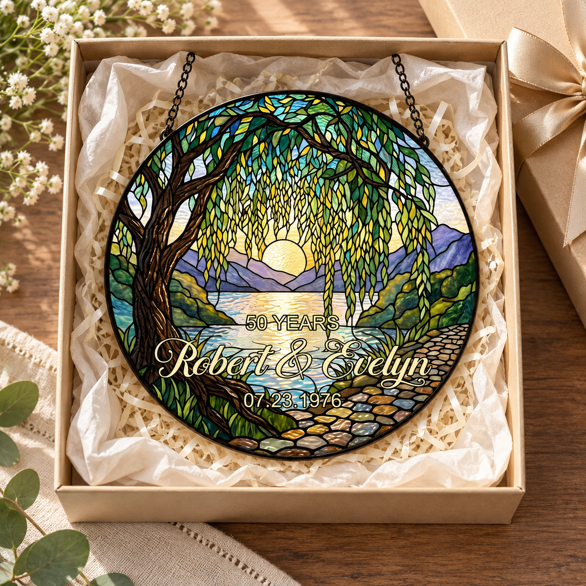 Personalized Stained Glass Suncatcher for 50th Anniversary, Custom Couple Names & Date Gift, Willow Tree Wedding Anniversary Keepsake