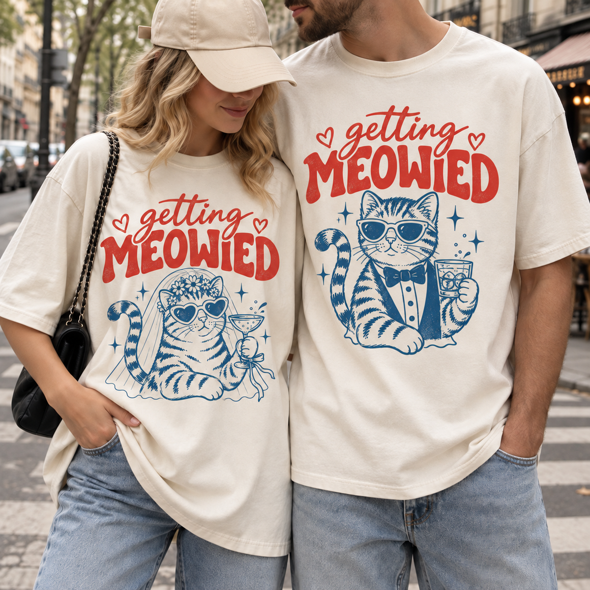Getting Meowied Bride & Groom Matching Shirts, Funny Cat Wedding Couple Tees, Cat Lover Wedding Gift