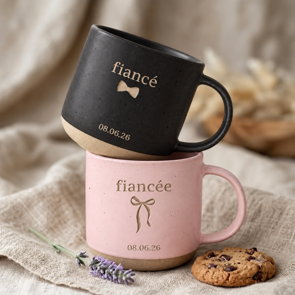 Personalized Fiancé Fiancée Pottery Mugs, Engagement Coffee Cup, Coquette Gift For Couple, Custom Wedding Date Mug, Future Mr And Mrs Gift