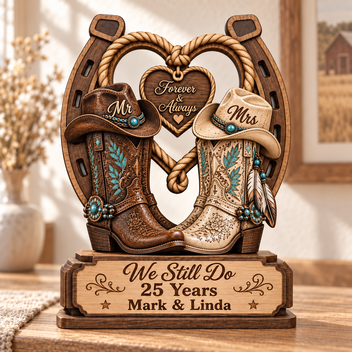 Personalized Western Cowboy Boots & Horseshoe Wooden Plaque, Forever & Always Anniversary Gift for Couples