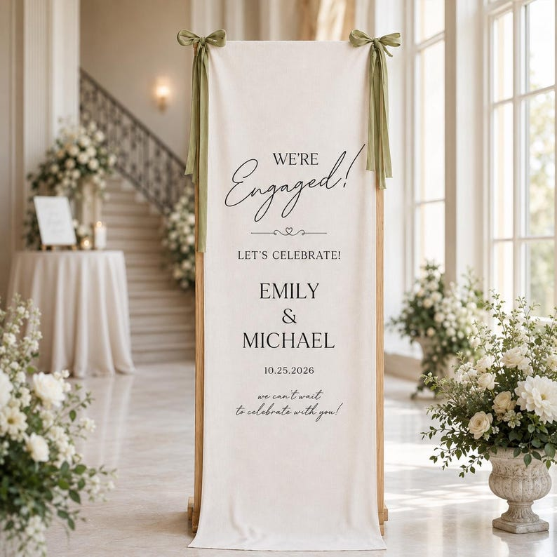 Personalized Linen Engagement Welcome Sign, Custom Couple Names & Date Engagement Party Banner, We’re Engaged Celebration Decor