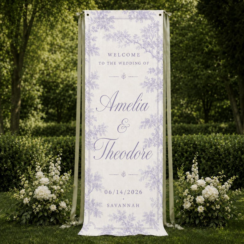 French Toile Wedding Welcome Sign, Personalized Linen Wedding Tapestry, Vintage Garden Wedding Banner, Custom Couple Names Decor