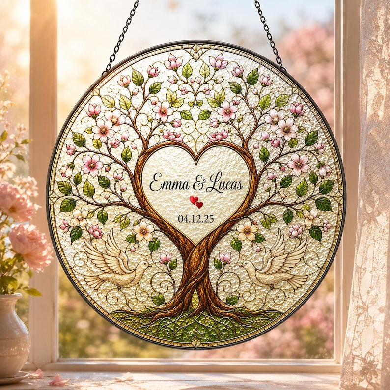 Personalized Wedding Anniversary Gift for Couple, Four Seasons Tree of Life Stained Glass Suncatcher, Custom Couple Window Hanging Keepsake