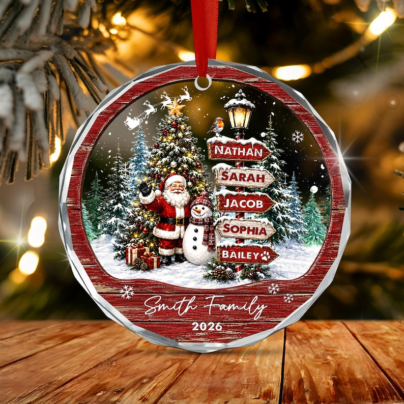 Personalized Family Christmas Ornament, Custom Names Family Name & Year Santa Snowman Keepsake, Christmas Tree Gift for Family & Pets