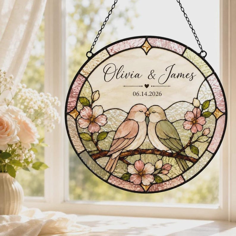 Personalized Love Birds Glass Suncatcher, Custom Wedding Anniversary Gift