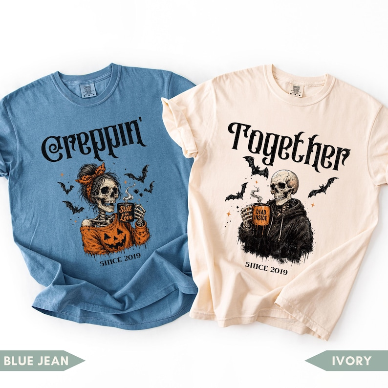Halloween Couple Shirt, Personalized Custom Year Skeleton Couple Tee, Creepin Together Matching Spooky Gift