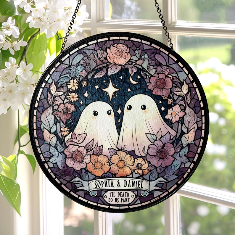 Custom Ghost Couple 'Till Death Do Us Part Wedding Gift Stained Glass Suncatcher Spooky Halloween Decor Ghost Lovers Gothic Anniversary Gift