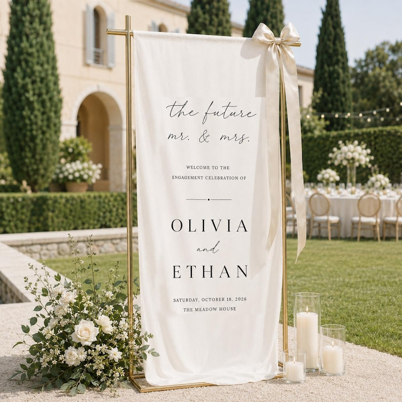 Personalized Linen Engagement Welcome Sign, Future Mr & Mrs Engagement Party Decor,  Custom Couple Names Date & Venue Banner