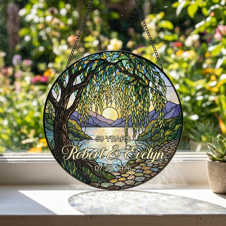Personalized Stained Glass Suncatcher for 50th Anniversary, Custom Couple Names & Date Gift, Willow Tree Wedding Anniversary Keepsake