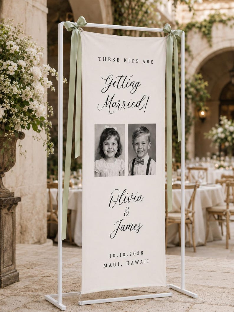 Personalized Wedding Welcome Banner for Ceremony, Custom Childhood Photo Wedding Sign, Couple Names Date & Location Decor
