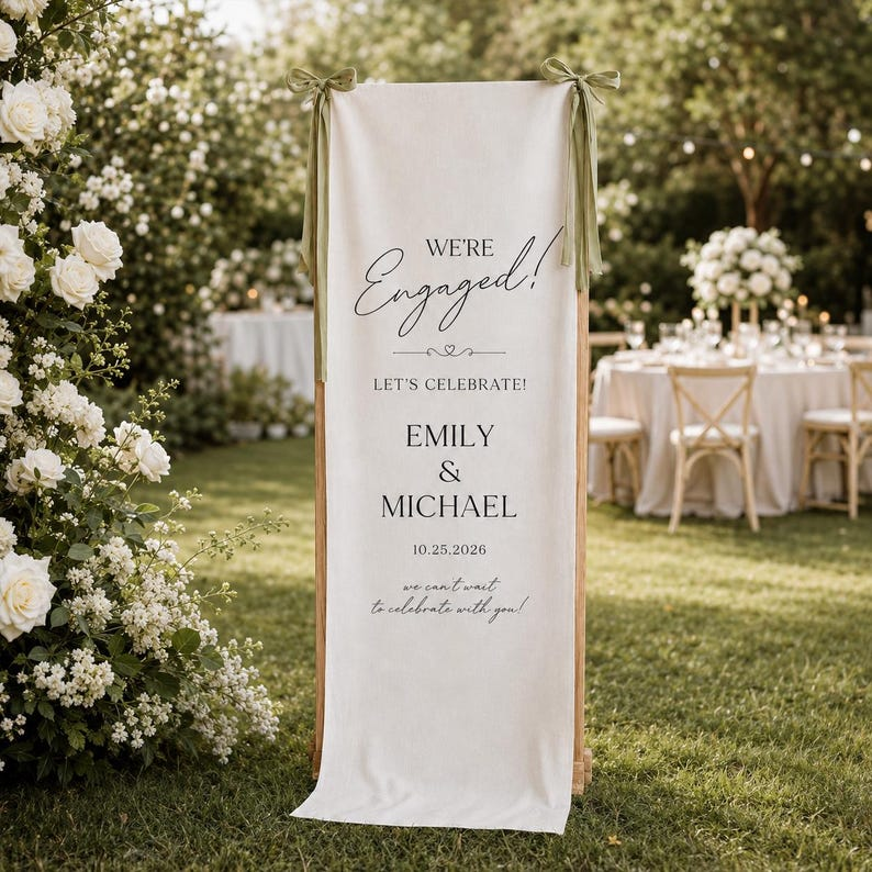 Personalized Linen Engagement Welcome Sign, Custom Couple Names & Date Engagement Party Banner, We’re Engaged Celebration Decor