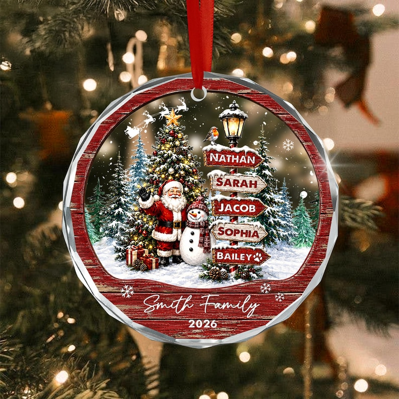 Personalized Family Christmas Ornament, Custom Names Family Name & Year Santa Snowman Keepsake, Christmas Tree Gift for Family & Pets