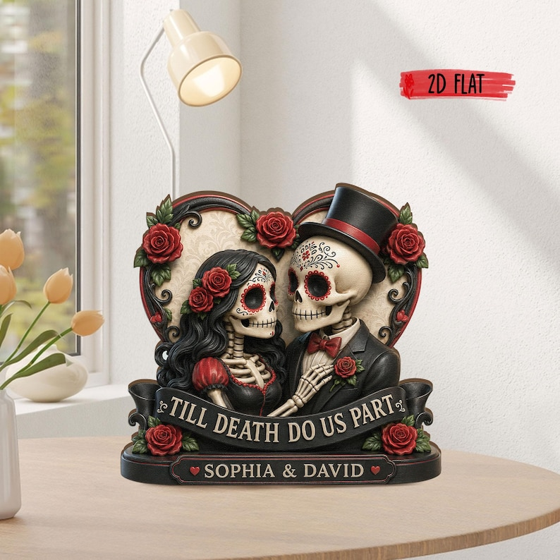Personalized Skeleton Couple Wooden Block, Custom Couple Gothic Wedding Wooden Sign, Till Death Do Us Part Sign, Halloween Anniversary Gifts