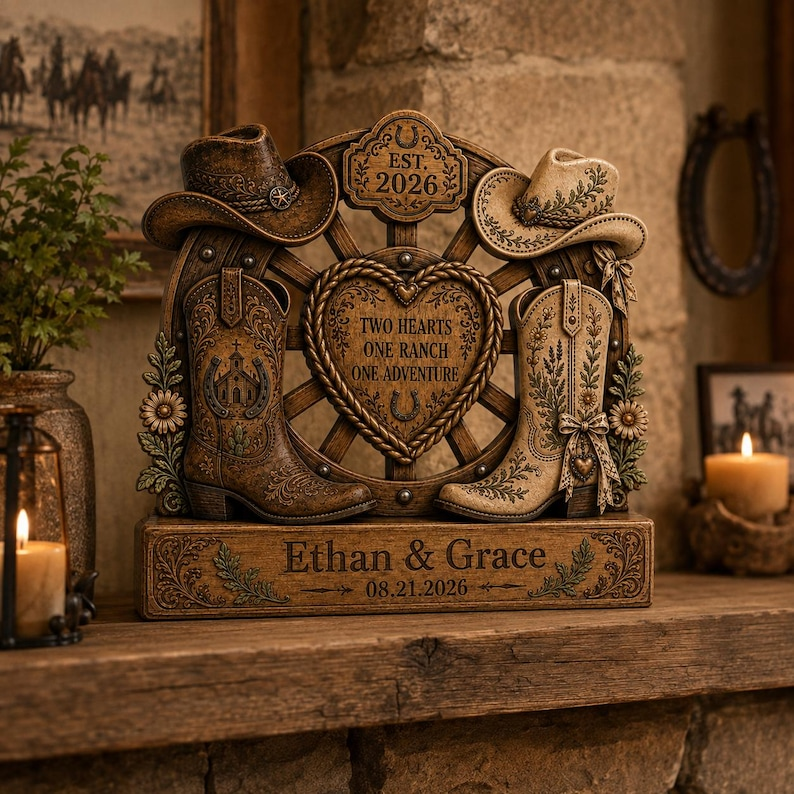 Personalized Western Wedding Gift, Cowboy Boots Couple Plaque, Rustic Ranch Wedding Decor, Anniversary Gift for Couple, Custom Names Date
