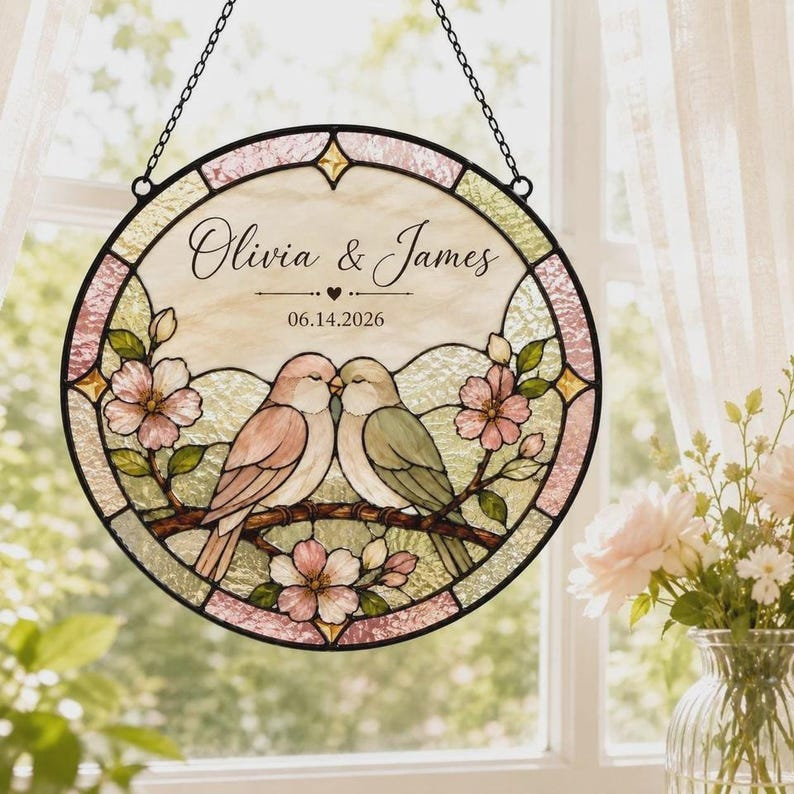 Personalized Love Birds Glass Suncatcher, Custom Wedding Anniversary Gift