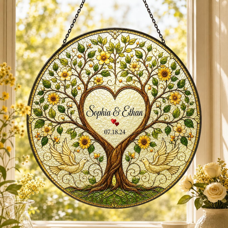 Personalized Wedding Anniversary Gift for Couple, Four Seasons Tree of Life Stained Glass Suncatcher, Custom Couple Window Hanging Keepsake