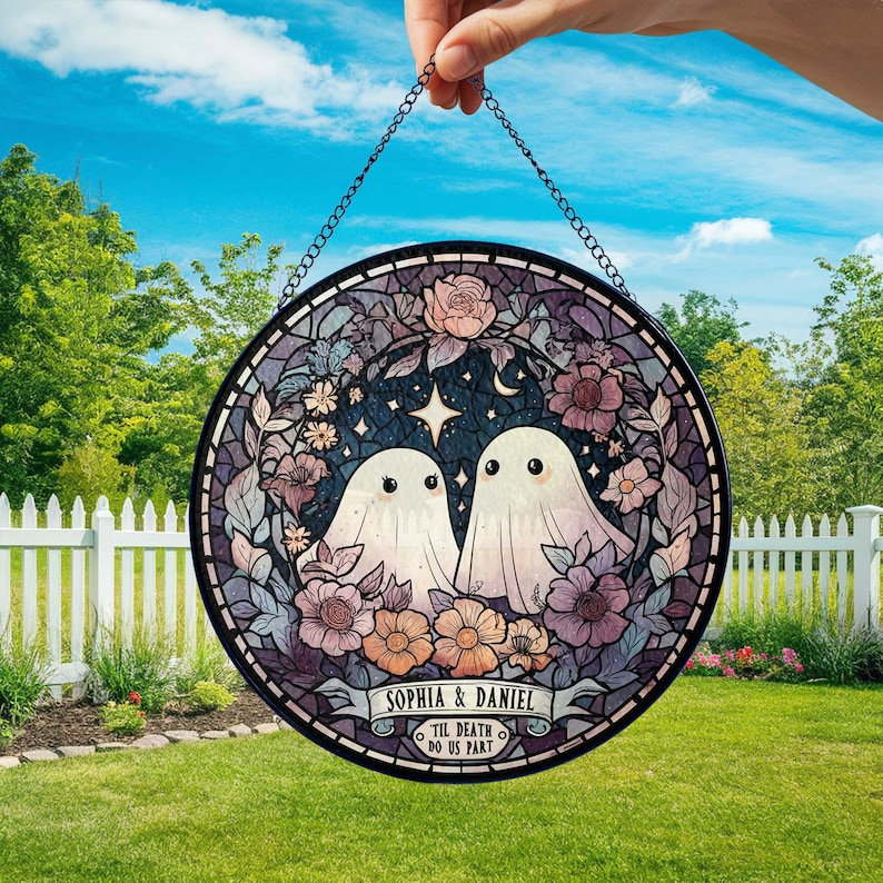 Custom Ghost Couple 'Till Death Do Us Part Wedding Gift Stained Glass Suncatcher Spooky Halloween Decor Ghost Lovers Gothic Anniversary Gift