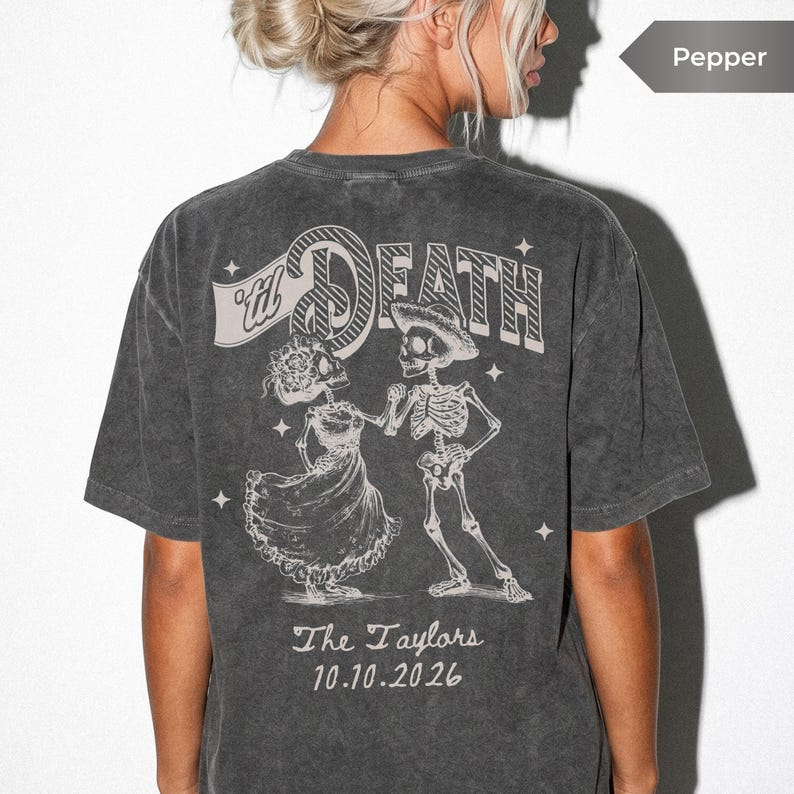 Personalized Till Death Couple Shirts for Halloween Wedding, Custom Skeleton Bride Groom Tee, Matching Newlywed Gift