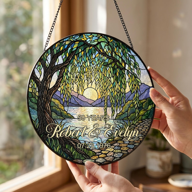 Personalized Stained Glass Suncatcher for 50th Anniversary, Custom Couple Names & Date Gift, Willow Tree Wedding Anniversary Keepsake