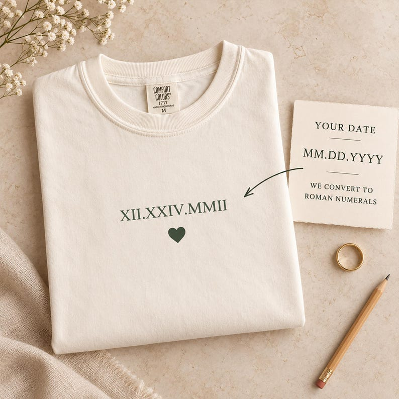 Custom Roman Numeral Date Shirt, Personalized Anniversary Tee, Minimalist Wedding Date T-Shirt, Couples Gift with Heart