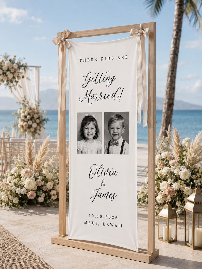 Personalized Wedding Welcome Banner for Ceremony, Custom Childhood Photo Wedding Sign, Couple Names Date & Location Decor